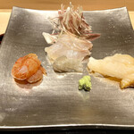 Sushi Kageyama - 刺身（ヒラメ・海老の昆布〆、つぶ貝）