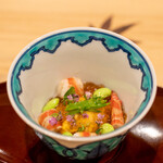 鮨 むらやま - 2022.8 焼き茄子すり流し 天草産アカウニ 車海老 枝豆 生姜ゼリー