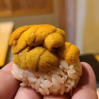 鮨 十兵衛 - ⑯赤雲丹(福井県小浜産)(朝獲れ、明礬無し)
                    今度はシャリと一緒に頂きます。
                    舌の上で5秒ホールドして旬の盛りの透明感のある上品な甘みと旨みをじっくりと堪能します。