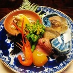 比良山荘 - 八寸　氷魚の酢味噌、鮎なれ鮨、猪肉燻製、川海老、香茸、金柑、菜花