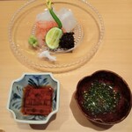 日本料理 晴山 - お造り（甘エビ、メイチダイ、剣先イカ）