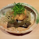 日本料理 晴山 - ウニ、アワビ、アワビ肝和え稲庭うどん