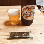 岩正 - 瓶ビール（大ビン）550円　味海苔付