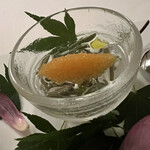 Amandier - じゅんさいに浮かぶのはスウェーデン産のロイロム（白マスの卵）です。この珍味は初めて。キャビアのようにしょっぱく無い