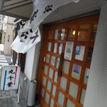 丸千葉 - 強風につよくはためく暖簾。