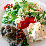 イラン・アラブ料理 アラジン - フムスとポテトサラダ、グリーンサラダを盛り付け