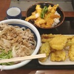 Marugame Seimen - こく旨豚しゃぶぶっかけ(得)+海老天丼(中)+揚げ物