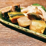 手打ちそば やっ古 - 茄子のきんぴら・かぼちゃの煮物・切干大根とズッキーニのきんぴら・イワシの梅煮