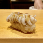 鮨 はしもと - 新イカゲソ
      ふふふ、ゲソを握りにされましたか！
      新イカらしく柔らかさとプリッとした食感ですから握りとしても良いものですね♪
      煮詰めの味付けもさっぱりとして好みなのです。
      軟骨も柔らか。