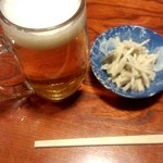 酒道楽 - ビールで乾杯♪お通しはゴボウサラダ