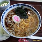 稲廼家 - たぬきそば（500円）。ナルト、天カス、ワカメが載っている。七味唐辛子はﾋﾞﾆｰﾙ袋入りのものが各ﾃｰﾌﾞﾙに配置されている。小皿のネギがやや多めでうれしい。