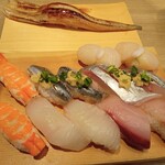 寿司 築地日本海 - 一本穴子　海老　イワシ　平目　ホタテ　アジ　ハマチ