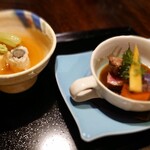 草菴 - 1日目夕食:三の膳(洋皿,炊き合わせ)