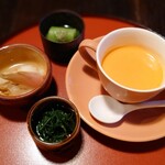 草菴 - 2日目夕食:一の膳(冷やしもの,先付三種)