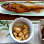 男川やな - 鮎の甘露煮、クルミ、鮎の白子と卵の生姜煮、自家製青唐辛子味噌♪