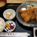 Shurakushokusai Oomori - ミックスフライ定食（エビフライ、キスフライ、メンチカツ）