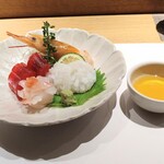 恵比寿 鮨 栞庵 やましろ - お造り(赤えび、本まぐろ赤身、平目、生たこ)