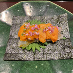 水光庵 - ボタンエビの昆布締めとバフンウニの海苔巻き
