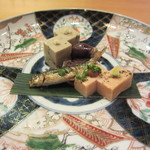 日本料理 たかむら - 前菜　アンキモ・ごま豆腐・琵琶湖のもろこ