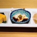 喜鈴 - 前菜﻿ (鶏むね肉の昆布締め、湯葉、鶏肉入り玉子焼き)