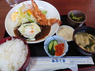 Famiriresutoranniabukuma - デミグラスソースハンバーグと、海老フライ♪ご飯大盛