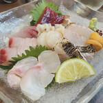 居酒屋 たまいち - マグロの赤身が、美味い！サワラもイタヤ貝も太刀魚タタキも。熟成天然クエは間違いなく悶絶モン。刺身の奥に「粗塩」乗ってます。ワサビ塩で、いろいろ食べちゃった♪