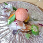 Ryoriya Takashima - ロースの生ハム 茄子 ズッキーニ、パプリカ、丸オクラの兵庫県の夏野菜のマリネ  神戸市西区の井上農園のフルーツトマトのソルベ