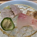 Tamatsurumi - 刺身３種　ハモ、ヒラス、ヒラス皮炙り