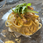 茨城レストラン フェリチタ - パスタ　冷製カルボナーラ　玉子は奥久慈産　コクがあるもののさっぱりと夏向きの仕上がり
