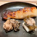 鮨 海界 - 銀カレイの西京焼き、つぶ貝、葉ワサビ・長芋