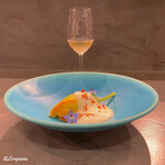 カーサ・デル・チーボ - Sella & Mosca Monteoro Vermentino di Gallura Superioreと南瓜の花に詰められた帆立貝柱と帆立のムース