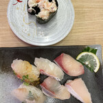 活魚寿司 - 自家製海老サラダ、生簀活魚盛り握り