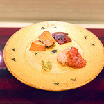 島津 - ◎ おつまみ３点盛り… あん肝（余市）、小玉スイカの奈良漬、真鯛の酒盗