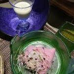 稲取東海ホテル湯苑 - 先付け…枝豆すり流し(冷製スープのような物)､  冷菜…烏賊  梅そうめん♪