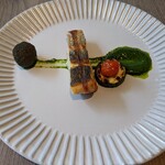Nanano Ichi - 鱸のポワレ　ブランダードのクロケット　壬生菜のジェノベーゼ