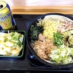 Yudetarou - 「薬味そば」「季節のかき揚げ(ほぼ海老)」「プレミアムモルツ缶」着盆＼(^o^)／