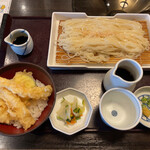 Kago no ya - 小ぶり海老天丼と選べる麺セット(ざるうどん大) 1,210円