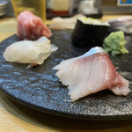 桜山鮨食人 五と二 - 彩り刺し盛り(のどぐろ、ハーブ鯖、ヒラメ、中とろ、ヒラメの昆布締め、イワシ)