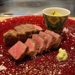 ステーキ鉄板焼 まつ井 - おまかせ和牛ステーキ(松阪牛イチボ、福島県産黒毛和牛のヒレ)