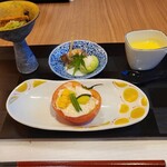 浅香荘 - 料理写真:前菜→トマト釜盛り、うざく、バイ貝旨煮、ずんだ白玉、とうもろこしのスープ。丁寧に湯剥きされたトマトの中には川俣シャモが!!ずんだも程よい甘味。バイ貝はやわらか～い！