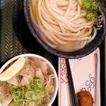 Hanamaru Udon - 冷やかけ大　ミニ塩豚丼　とり千から揚げ