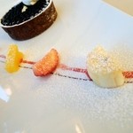 アルチザン・パティシエ・イタバシ - フルーツとソース　平行な二つの均一な線は、日本画家並。