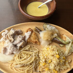 Morino Katei Ryouri Resutoran - ローズポークしゃぶしゃぶ　からあげ　煮浸し　蒸し餃子　えのきパスタ　コーンチャーハン　かぼちゃスープ
