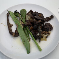 フォリオリーナ・デッラ・ポルタ・フォルトゥーナ - 仔羊の内臓細切り（食道、気管支、肺、心臓、腎臓、横隔膜、タン）とベネトの玉ねぎ、モロッコインゲン、香草を入れて炒め、チーズを入れて炙った料理