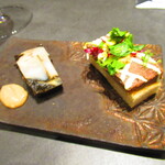 北海道焼肉 北うし - 　１．【前菜１-２】　ツブとあおさのテリーヌと　　１．【前菜１-３】　知床和牛テールのリエット