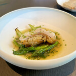 Auberge eaufeu - ◆fish
      甘鯛 つるむらさき エストラゴン ワインビネガー 青柚子 スープ仕立て エスカベッシュをイメージ