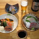 Mikaku - 刺身盛り合せ（鯛、鰆、イカ）蝦蛄、野菜炊き合せ