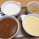 ステーキ宮 - コーンポタージュ、カレースープ、ビシソワーズ（冷製）、鶏肉としいたけのスープ（中華風玉子スープ）