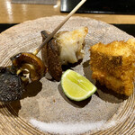 食堂こなん - 焼物 梅貝 松茸かます巻 松茸フライ