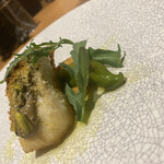 トラットリア ダ ジャコモ - 真鯛 ピスタチオ 香草オーブン焼き イタリア 感想そら豆 万願寺ししとう